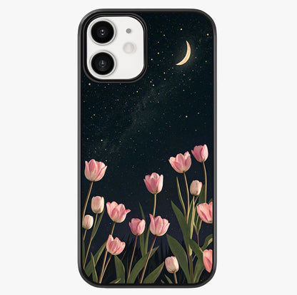 Midnight Tulip Whispers Vibe Glass Case showing full back design in clean flat view with glossy glass finish.