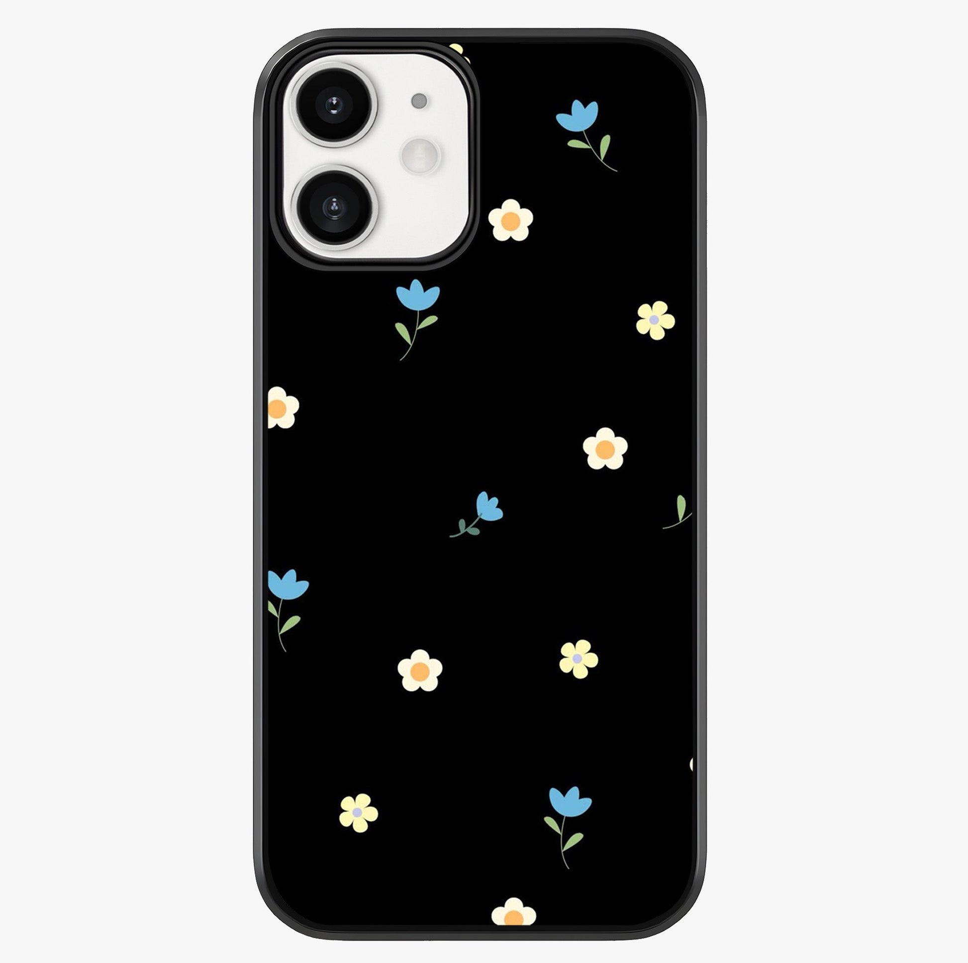 Minimalistic Blue With White Flower Pattern Glass Case showing full back design in clean flat view with glossy glass finish.