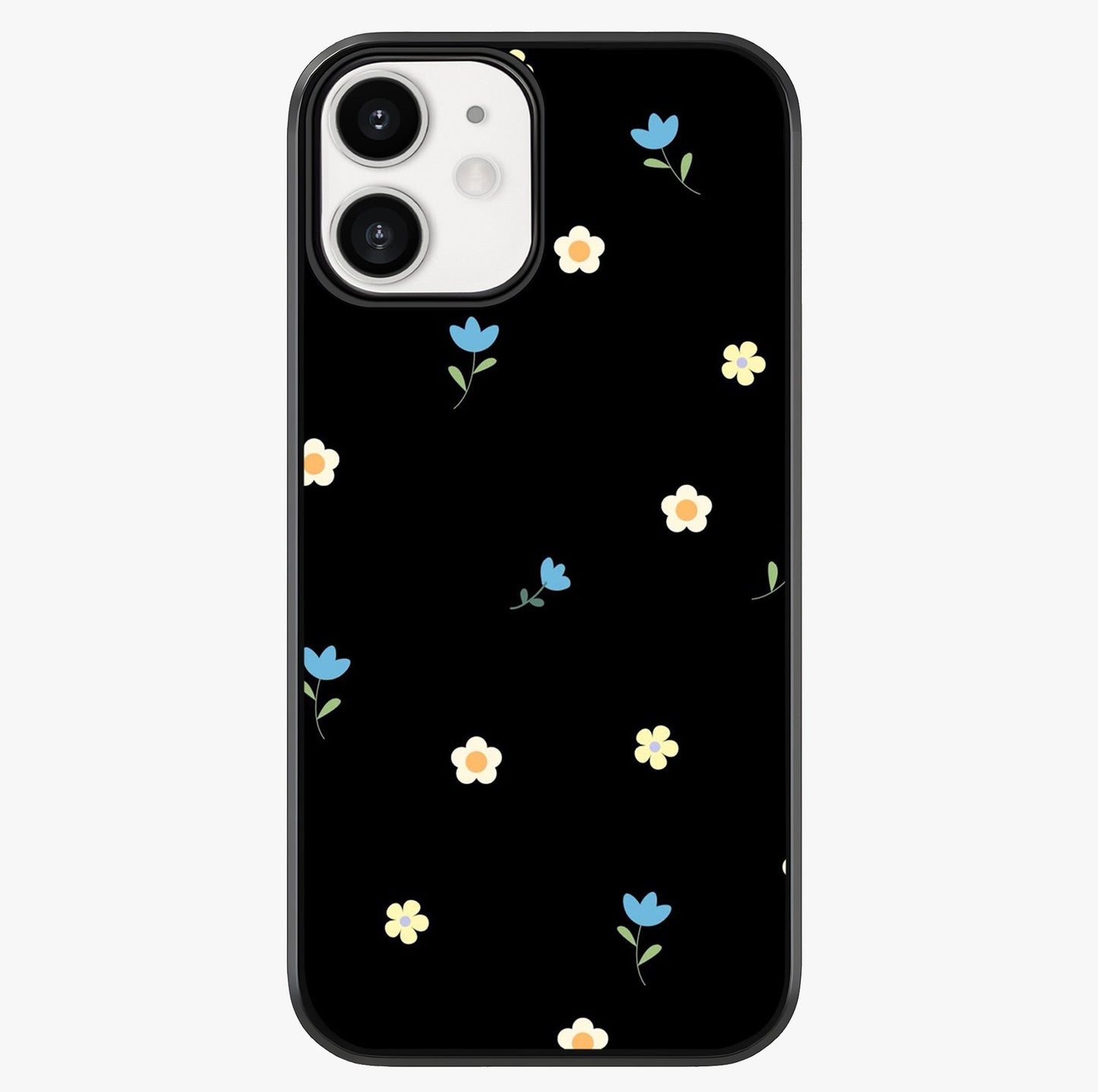 Minimalistic Blue With White Flower Pattern Glass Case showing full back design in clean flat view with glossy glass finish.