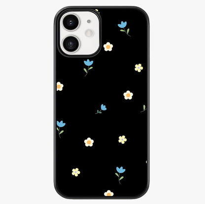 Minimalistic Blue With White Flower Pattern Glass Case showing full back design in clean flat view with glossy glass finish.