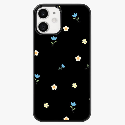 Minimalistic Blue With White Flower Pattern Glass Case showing full back design in clean flat view with glossy glass finish.