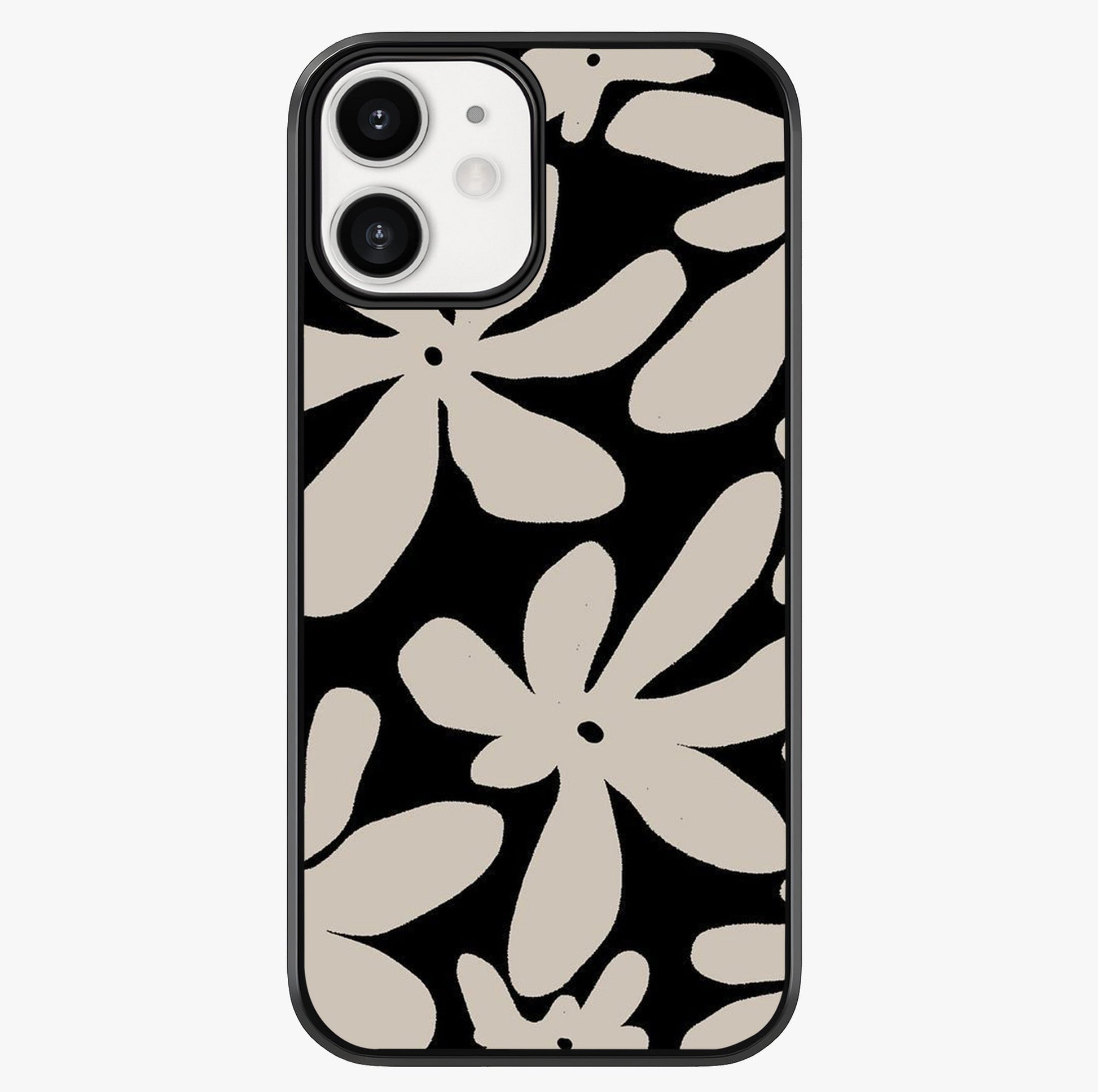 Monochrome Petal Dance Glass Case showing full back design in clean flat view with glossy glass finish.
