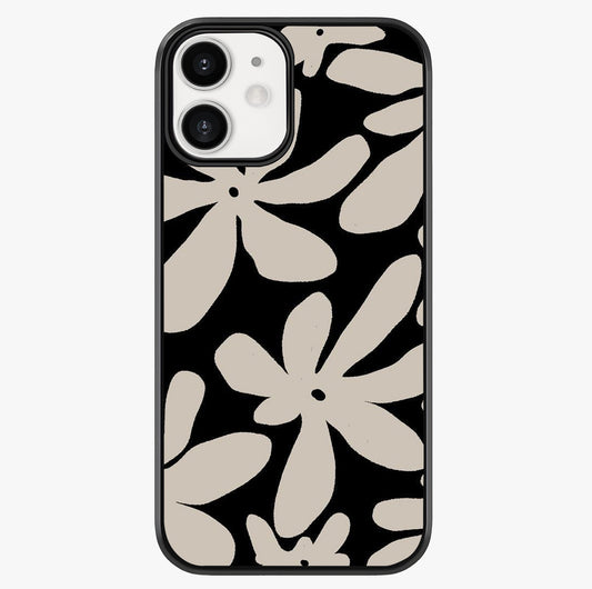 Monochrome Petal Dance Glass Case showing full back design in clean flat view with glossy glass finish.