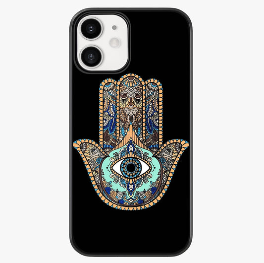 Mystic Hamsa Eye Glass Case showing full back design in clean flat view with glossy glass finish.