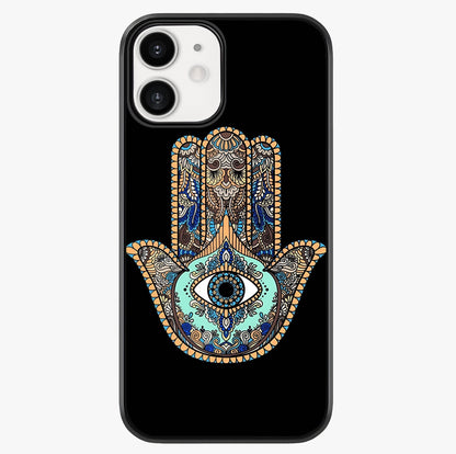 Mystic Hamsa Eye Glass Case showing full back design in clean flat view with glossy glass finish.