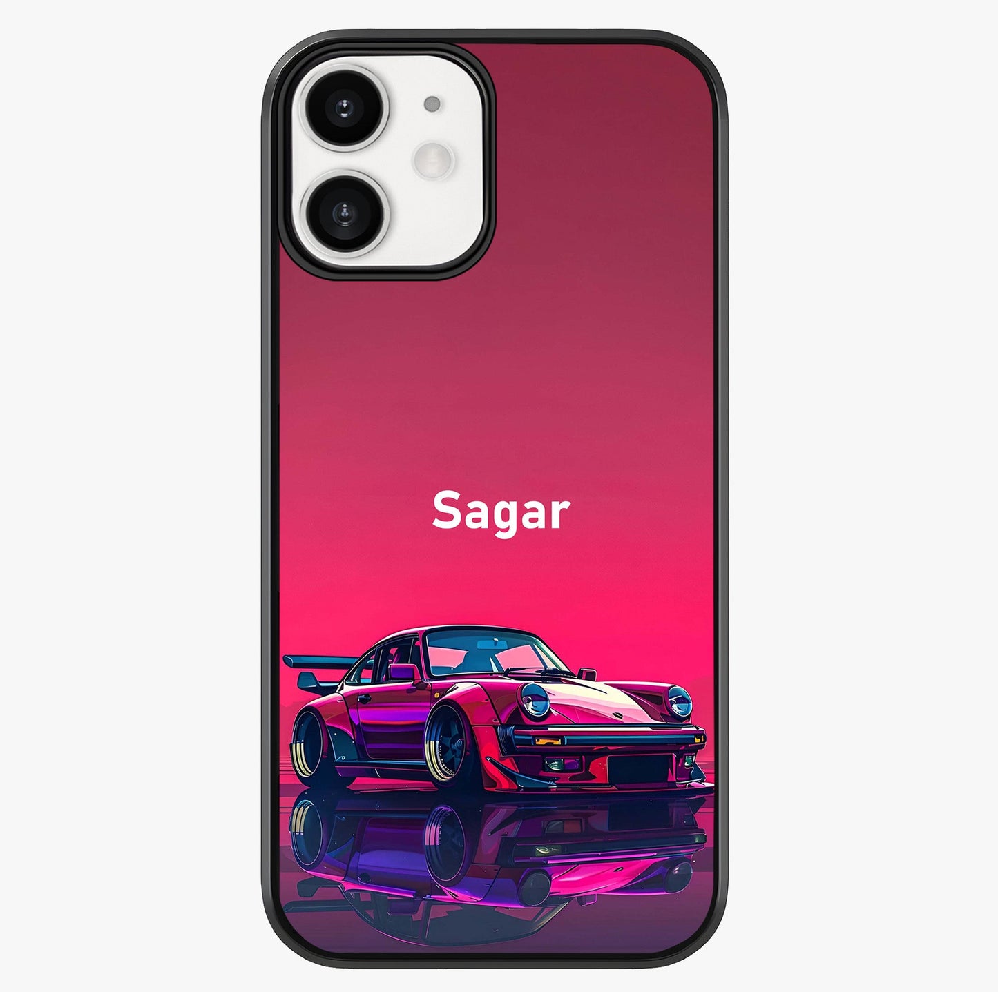 Neon Pink Porsche Glass Case showing full back design in clean flat view with glossy glass finish.