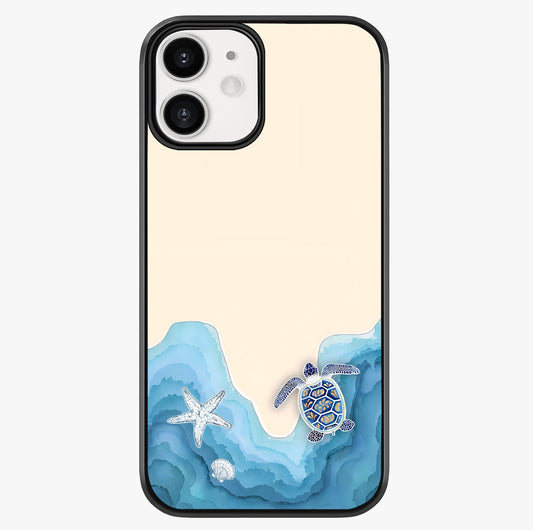 Ocean Drift Turtle Glass Case showing full back design in clean flat view with glossy glass finish.