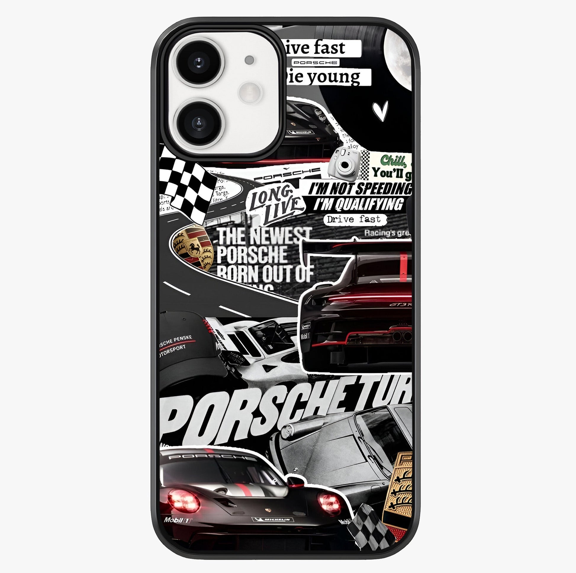 Porsche Racing Collage Glass Case showing full back design in clean flat view with glossy glass finish.