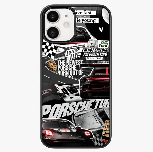 Porsche Racing Collage Glass Case showing full back design in clean flat view with glossy glass finish.
