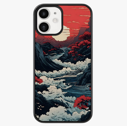 Red Sunset Scenery Glass Case showing full back design in clean flat view with glossy glass finish.