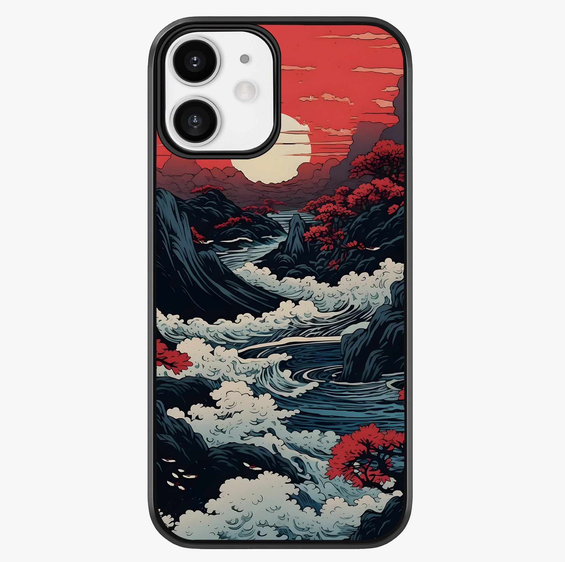 Red Sunset Scenery Glass Case showing full back design in clean flat view with glossy glass finish.