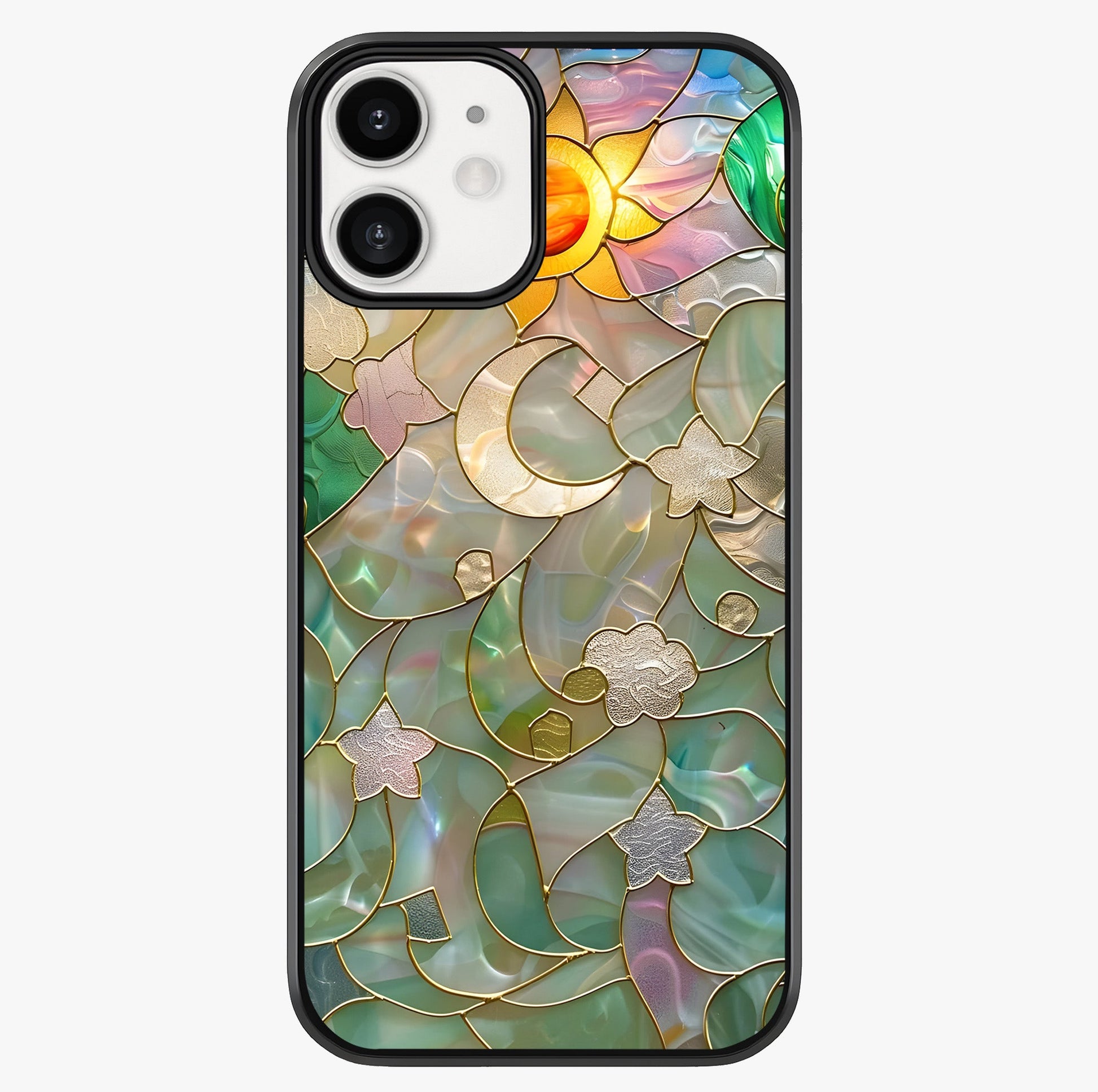 Stained Sunrise Glow Glass Case showing full back design in clean flat view with glossy glass finish.