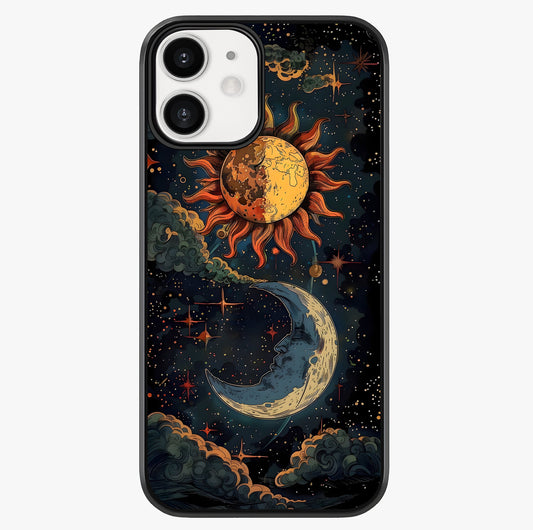 Sun And Moon Magic Design Glass Case showing full back design in clean flat view with glossy glass finish.