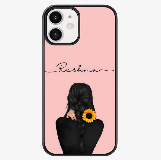 Sunflower Braid Beauty With Custom Name Glass Case showing full back design in clean flat view with glossy glass finish.