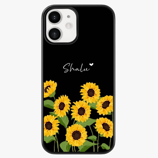 Sunflower Chic Mood Custom Name Glass Case showing full back design in clean flat view with glossy glass finish.