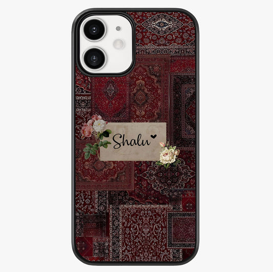 Velvet Wine Pattern Custom Name Glass Case showing full back design in clean flat view with glossy glass finish.
