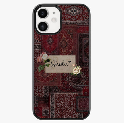 Velvet Wine Pattern Custom Name Glass Case showing full back design in clean flat view with glossy glass finish.