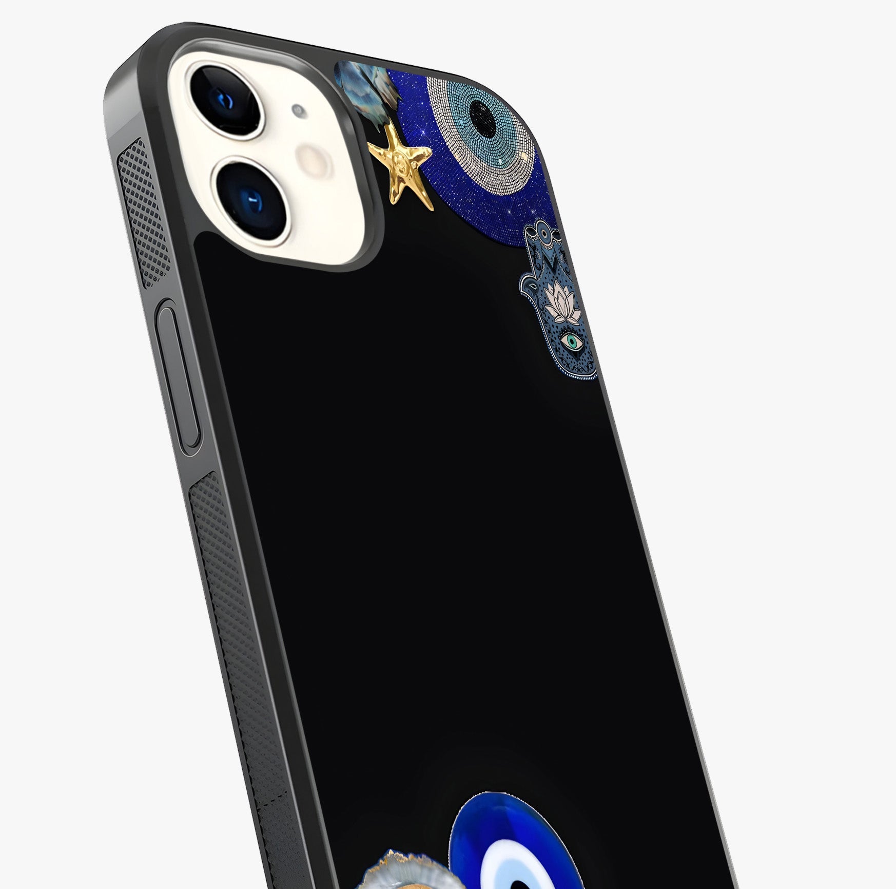 Aesthetic Blue Evil Eye Glass Case captured at a warm angle highlighting gloss, texture and premium glass finish.