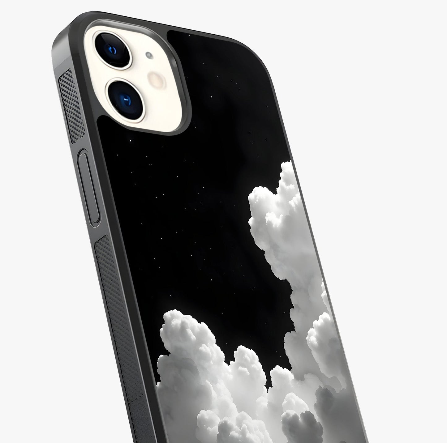 Black Background With White Cloud Glass Case captured at a warm angle highlighting gloss, texture and premium glass finish.