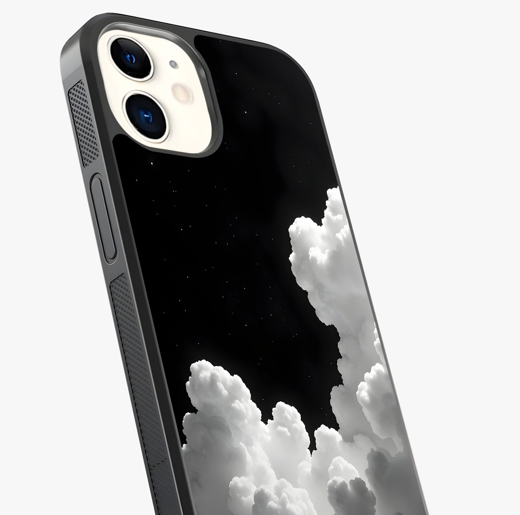 Black Background With White Cloud Glass Case captured at a warm angle highlighting gloss, texture and premium glass finish.