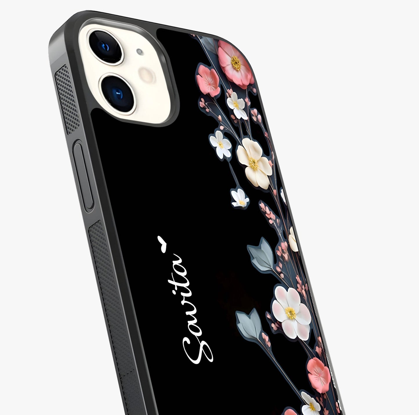 Black Elegance Floral Custom Name Glass Case captured at a warm angle highlighting gloss, texture and premium glass finish.