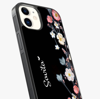 Black Elegance Floral Custom Name Glass Case captured at a warm angle highlighting gloss, texture and premium glass finish.