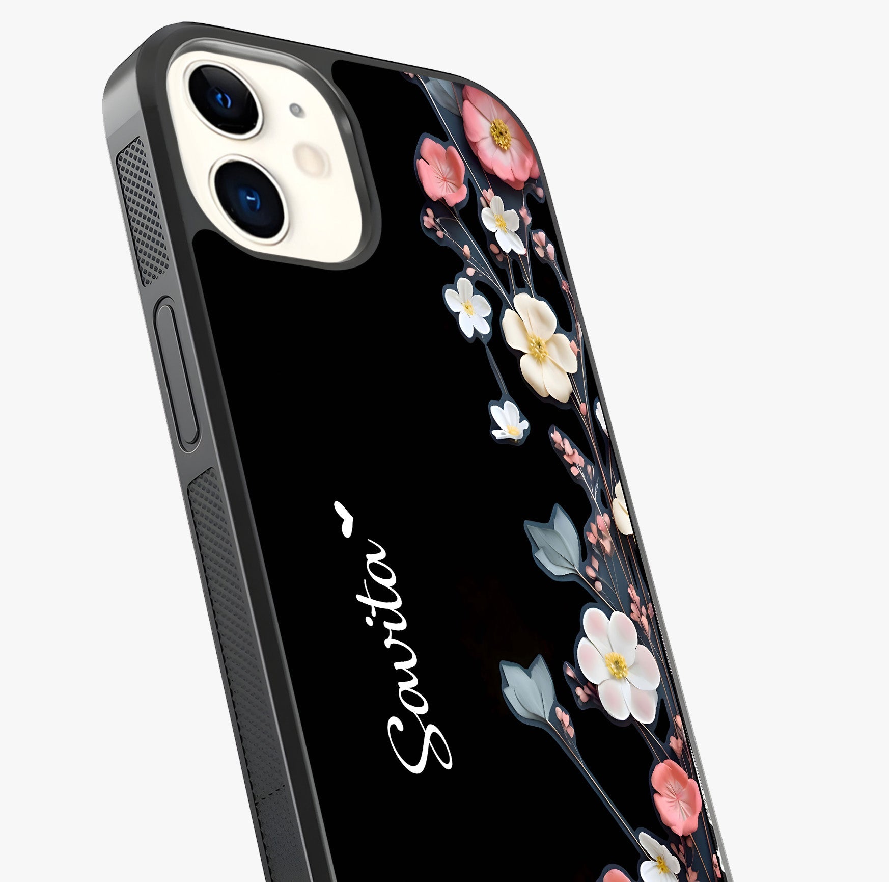 Black Elegance Floral Custom Name Glass Case captured at a warm angle highlighting gloss, texture and premium glass finish.