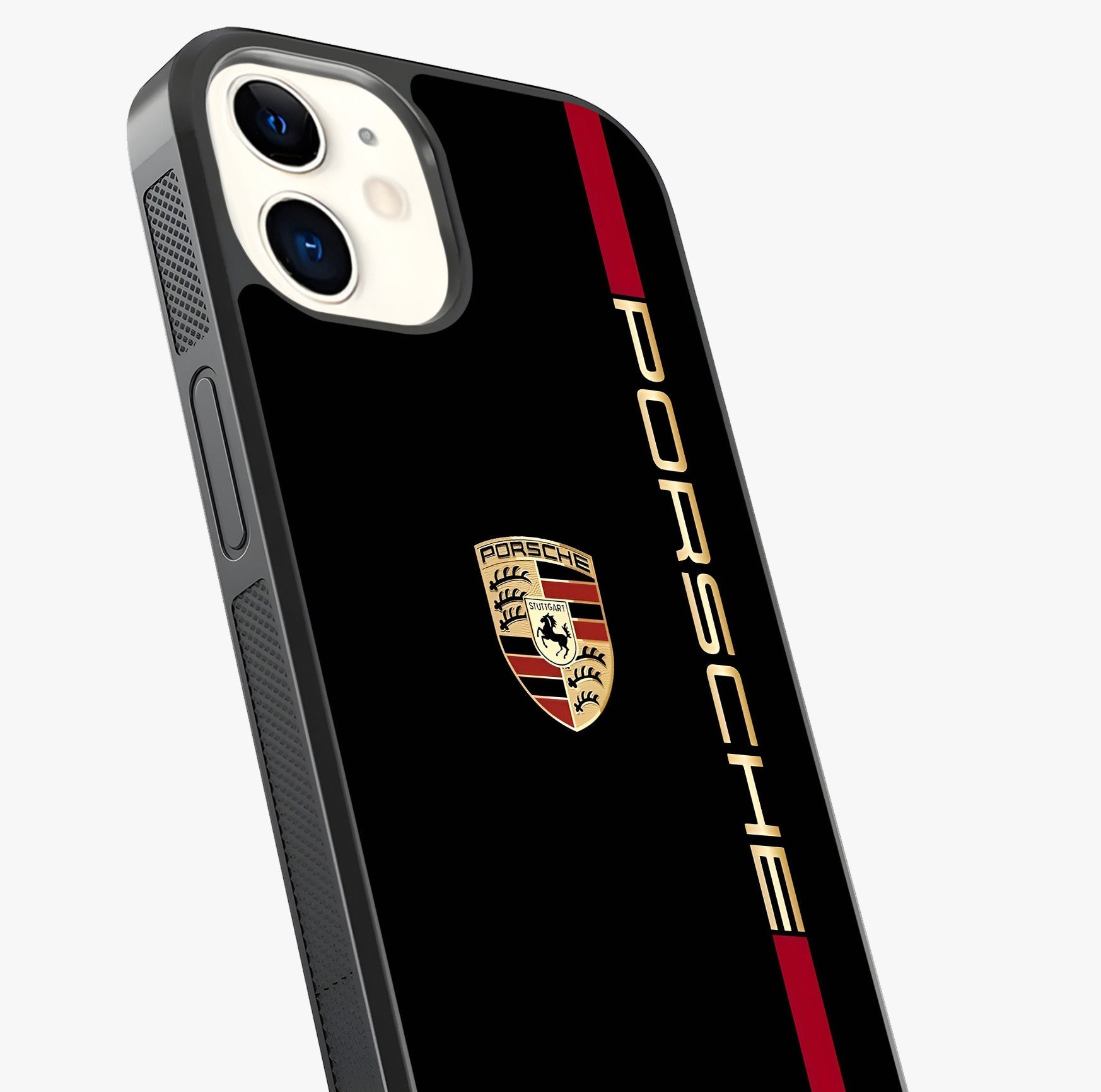 Black Minimal Porsche Glass Case captured at a warm angle highlighting gloss, texture and premium glass finish.