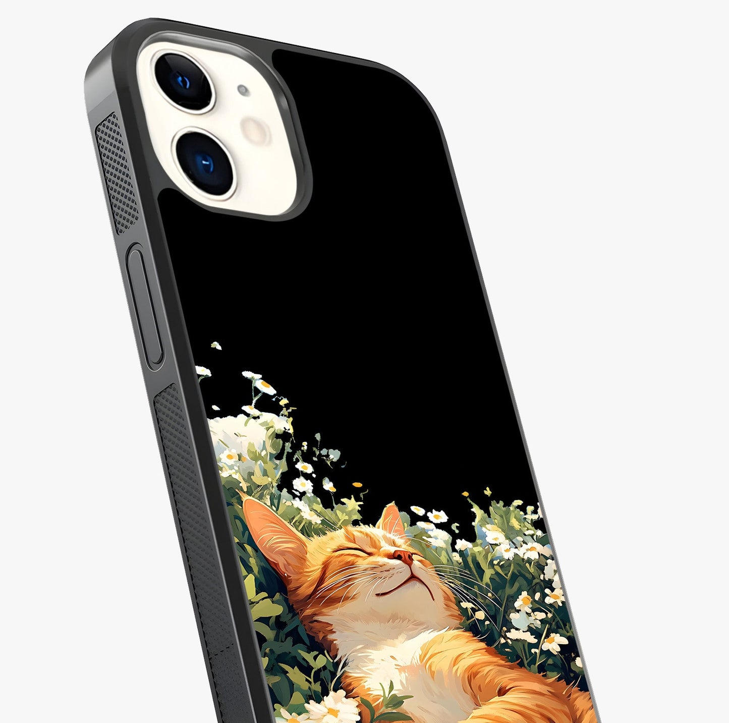 Blissful Bloom Cat Glass Case captured at a warm angle highlighting gloss, texture and premium glass finish.