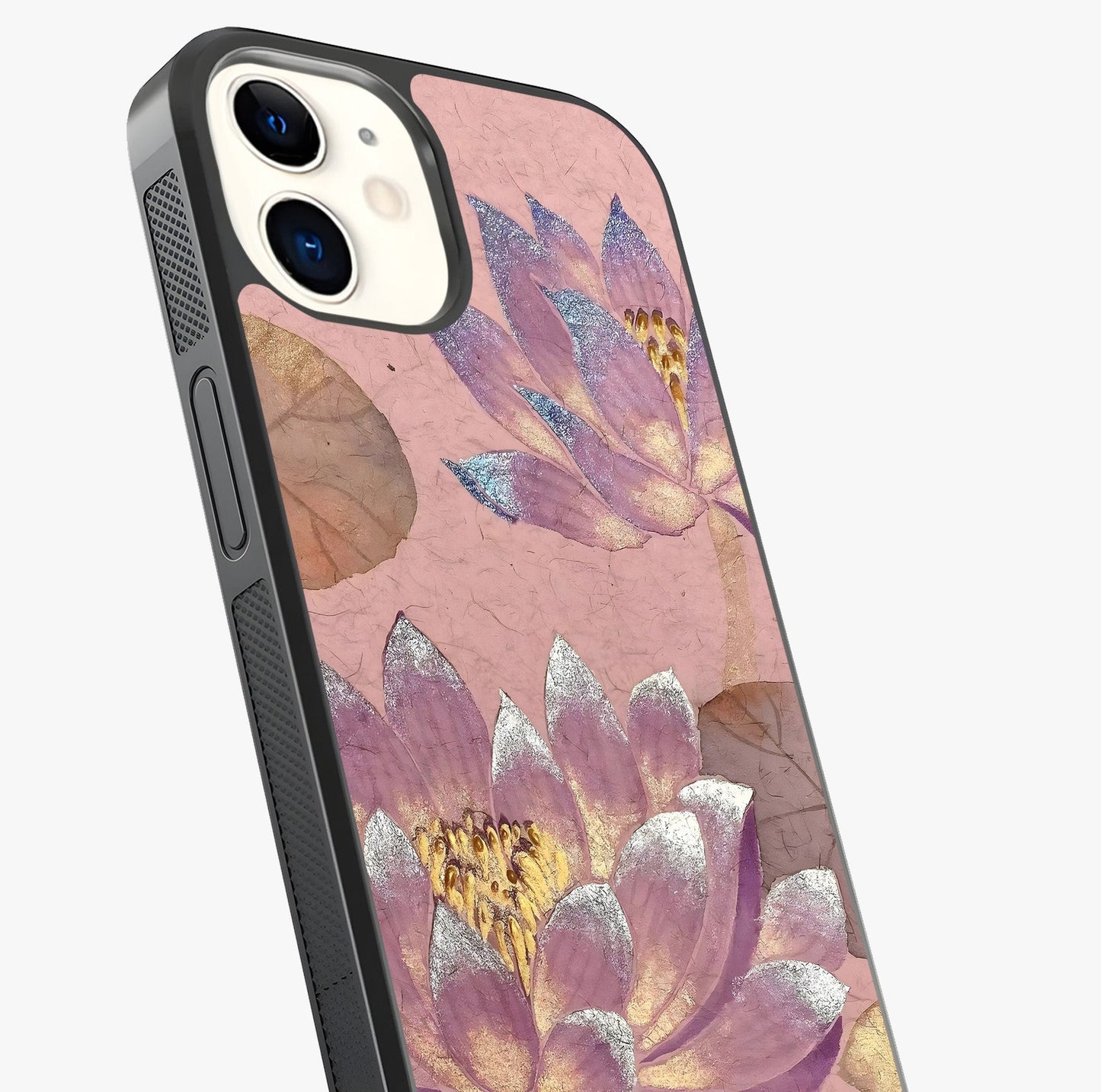 Blossom Mist Lotus Glass Case captured at a warm angle highlighting gloss, texture and premium glass finish.