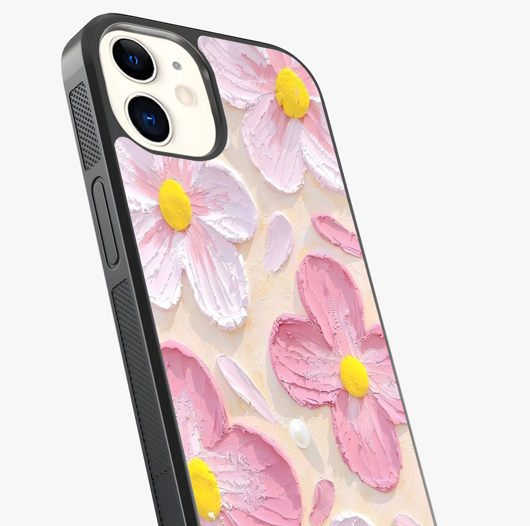 Blush Bloom Texture Glass Case captured at a warm angle highlighting gloss, texture and premium glass finish.