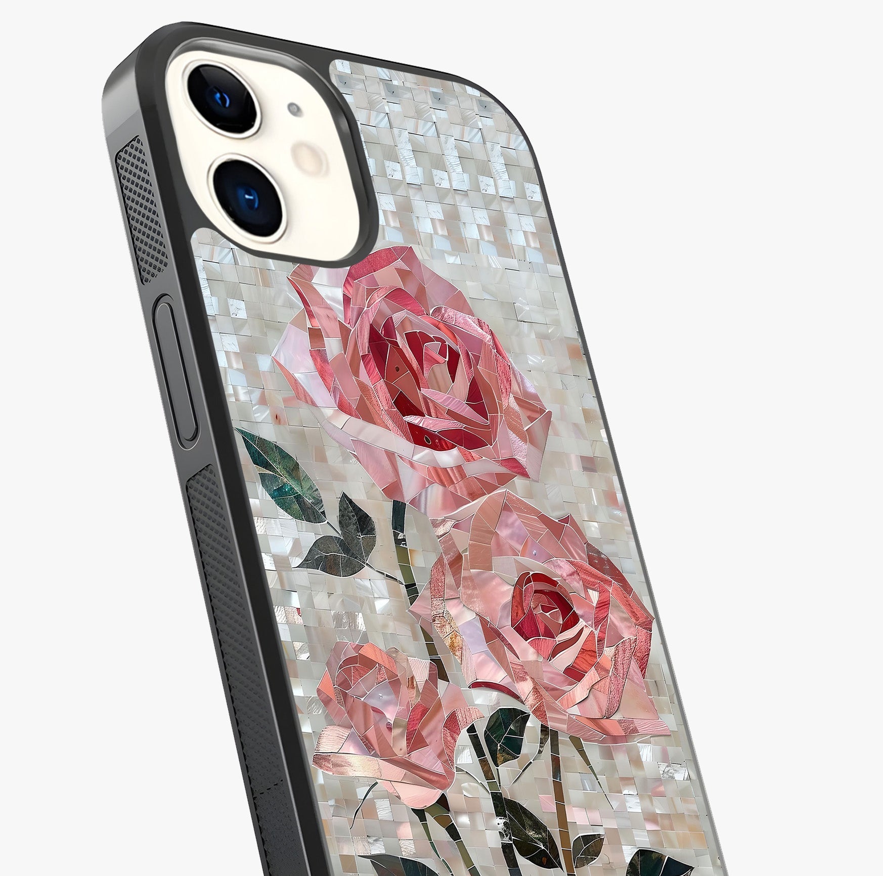 Blush Mosaic Bloom Glass Case captured at a warm angle highlighting gloss, texture and premium glass finish.