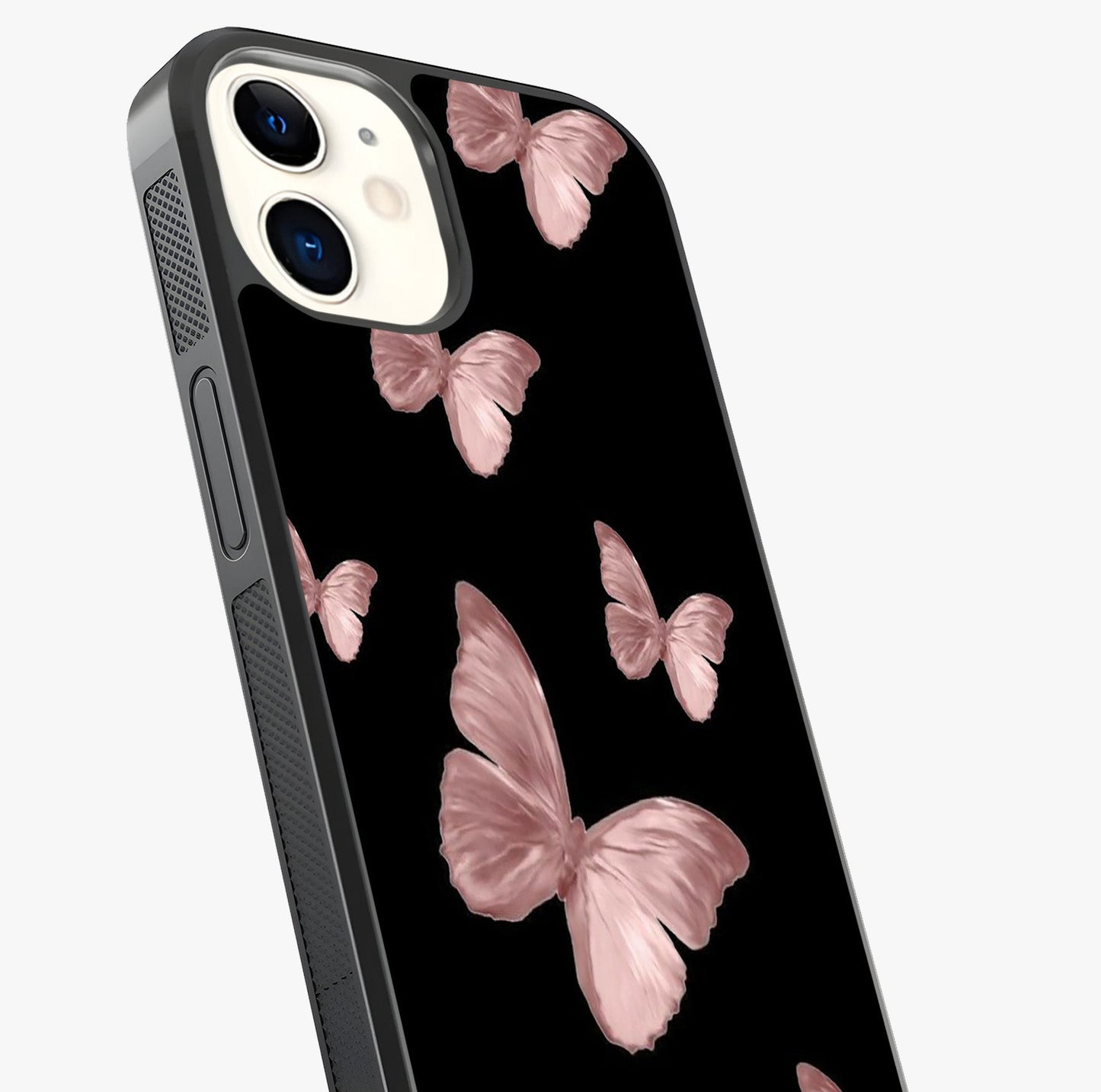 Butterfly Pattern Glass Case captured at a warm angle highlighting gloss, texture and premium glass finish.