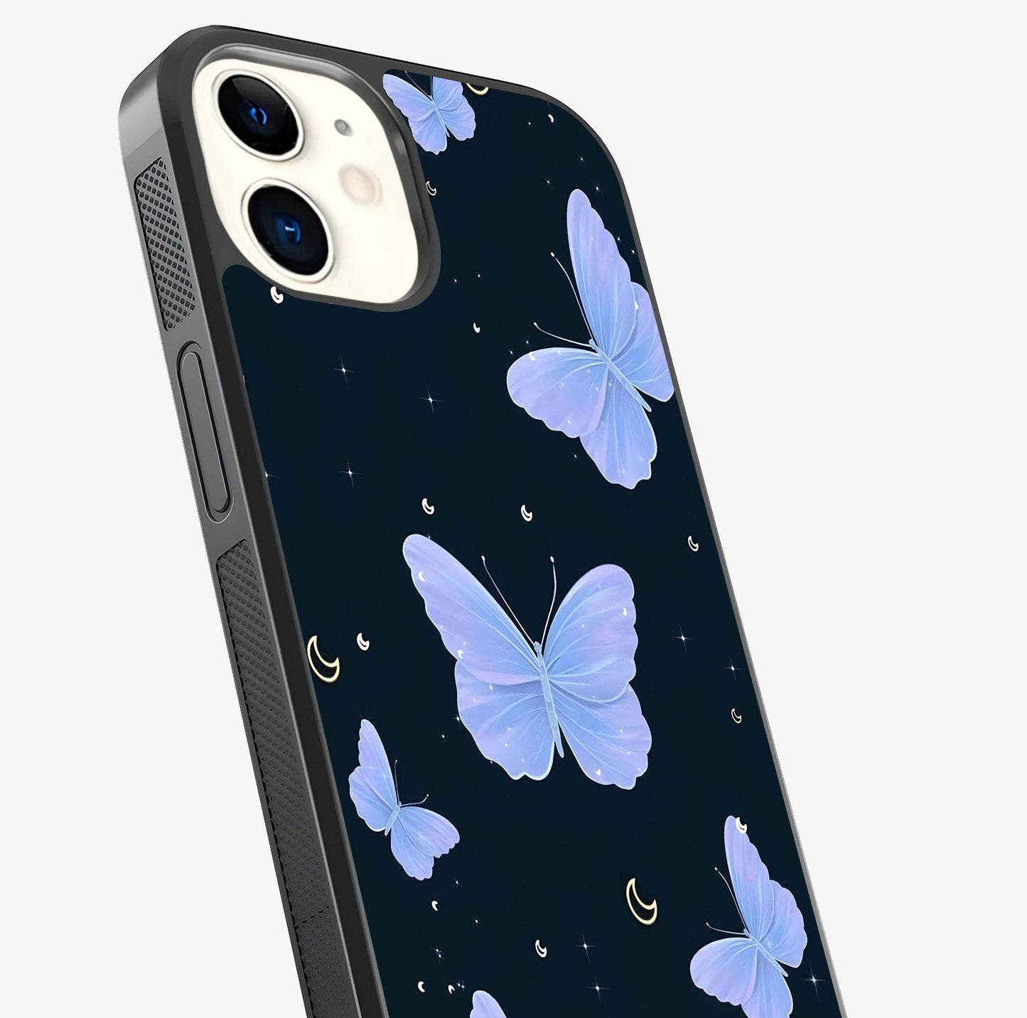 Butterfly With Stars Pattern Glass Case captured at a warm angle highlighting gloss, texture and premium glass finish.