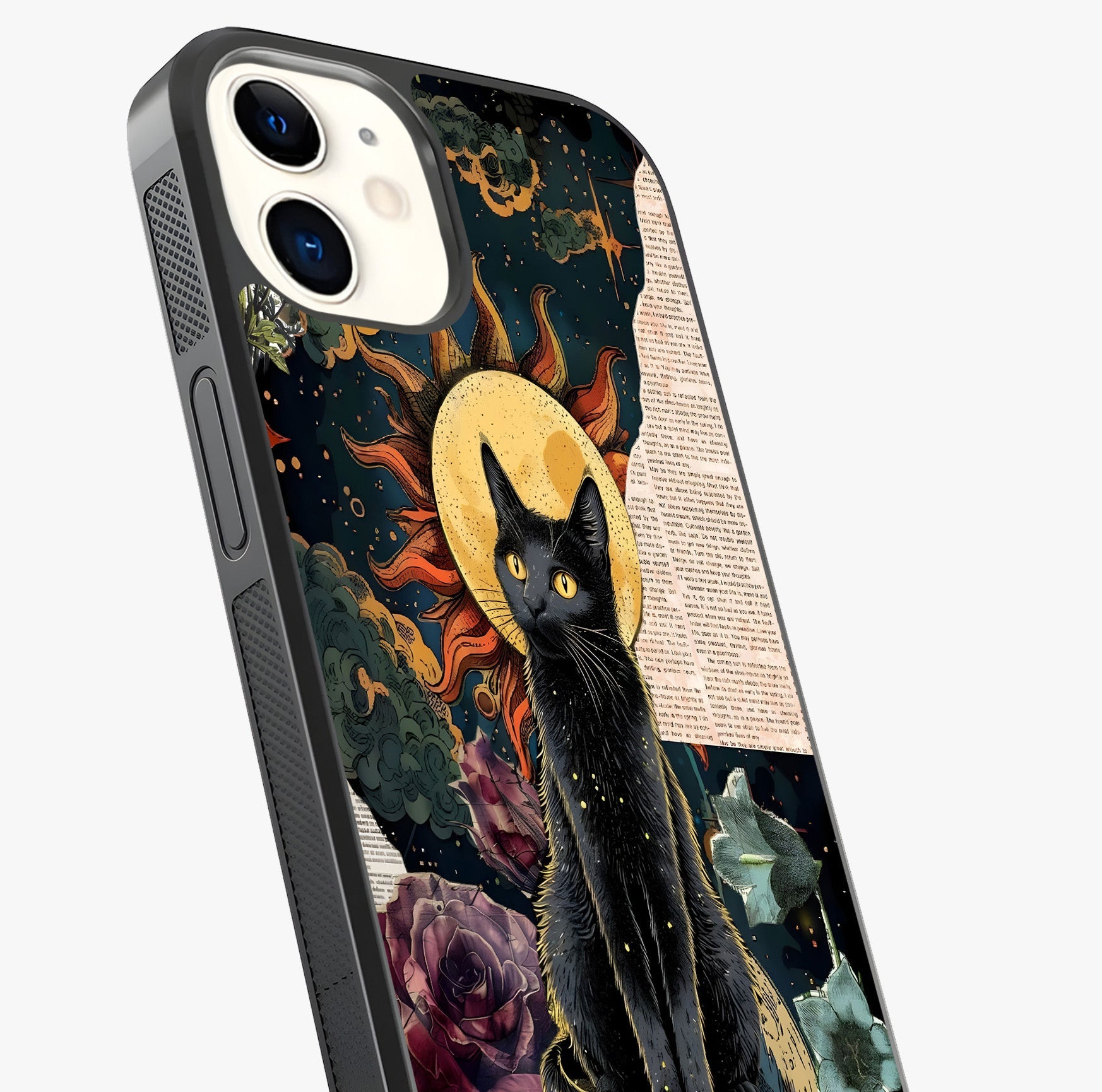 Celestial Black Cat Glass Case captured at a warm angle highlighting gloss, texture and premium glass finish.