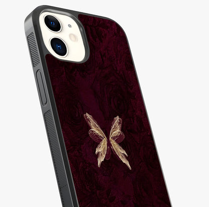 Crimson Fade Butterfly Glass Case captured at a warm angle highlighting gloss, texture and premium glass finish.
