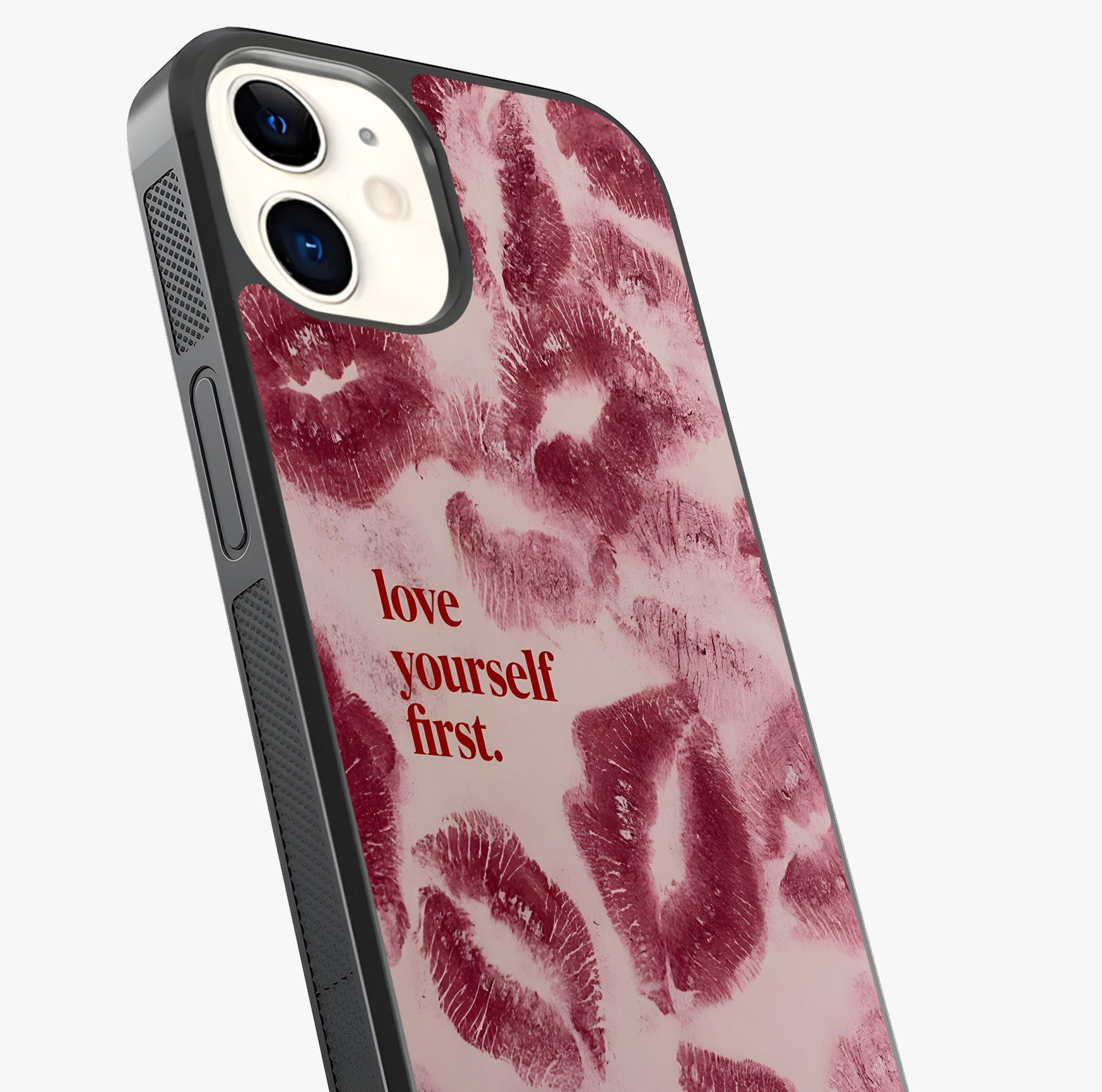 Crimson Kiss Love Glass Case captured at a warm angle highlighting gloss, texture and premium glass finish.