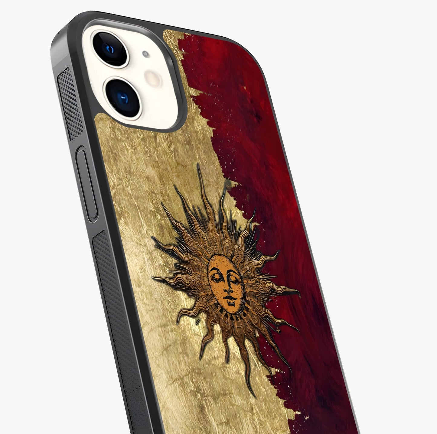 Crimson Sun Majesty Glass Case captured at a warm angle highlighting gloss, texture and premium glass finish.