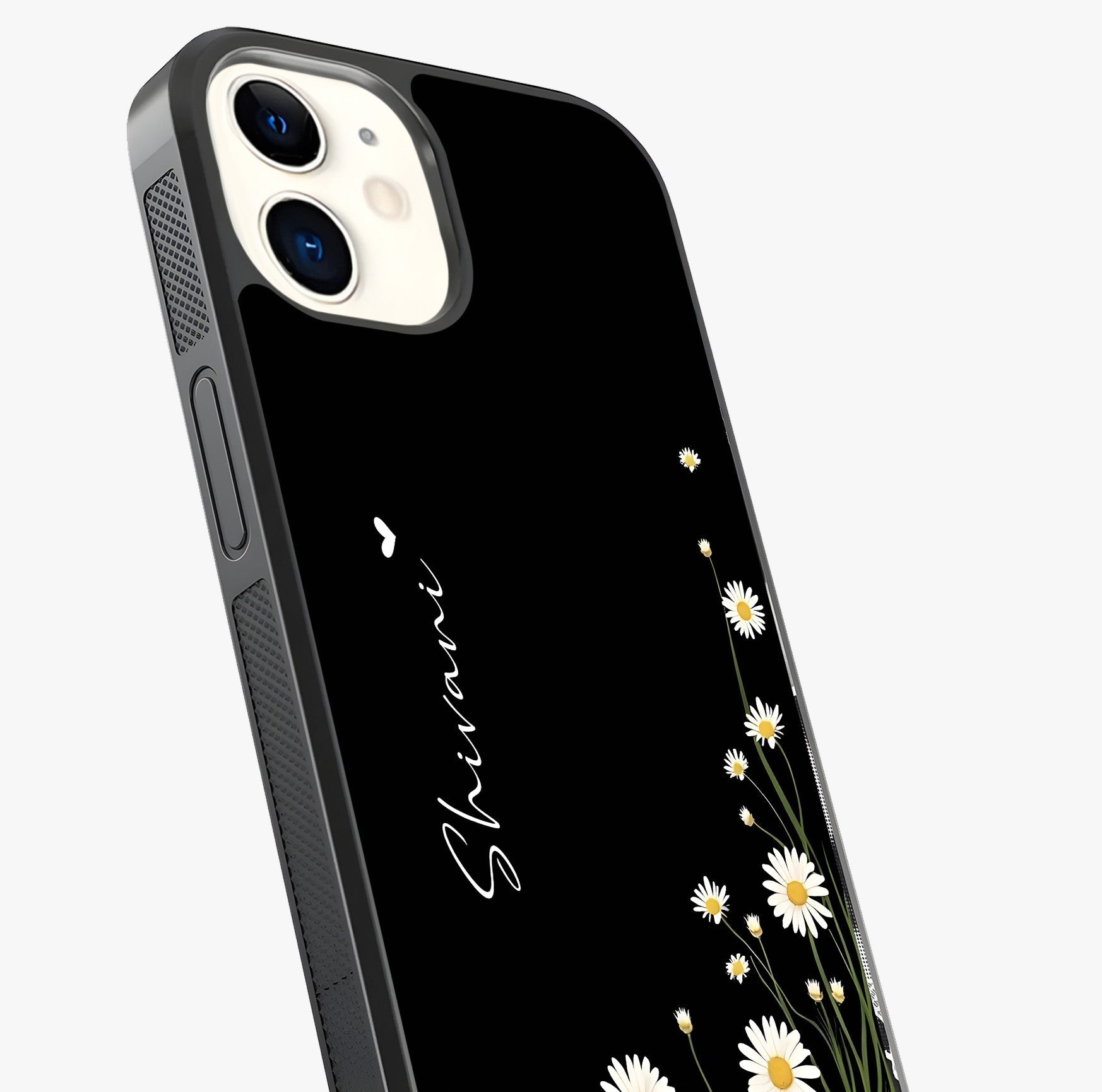 Daisy Cascade Custom Name Glass Case captured at a warm angle highlighting gloss, texture and premium glass finish.