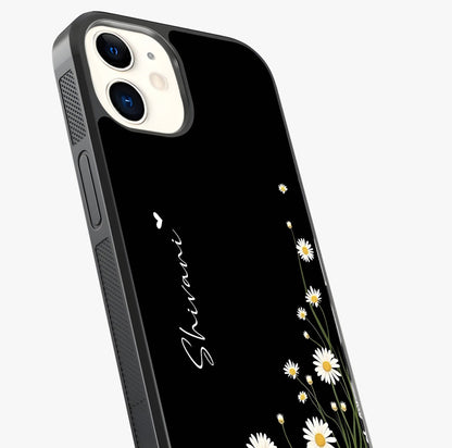Daisy Cascade Custom Name Glass Case captured at a warm angle highlighting gloss, texture and premium glass finish.