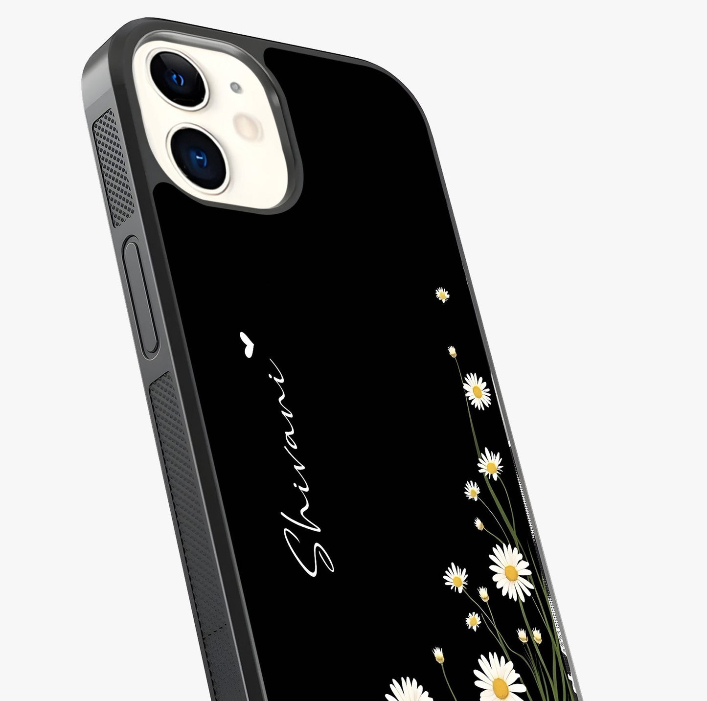 Daisy Cascade Custom Name Glass Case captured at a warm angle highlighting gloss, texture and premium glass finish.