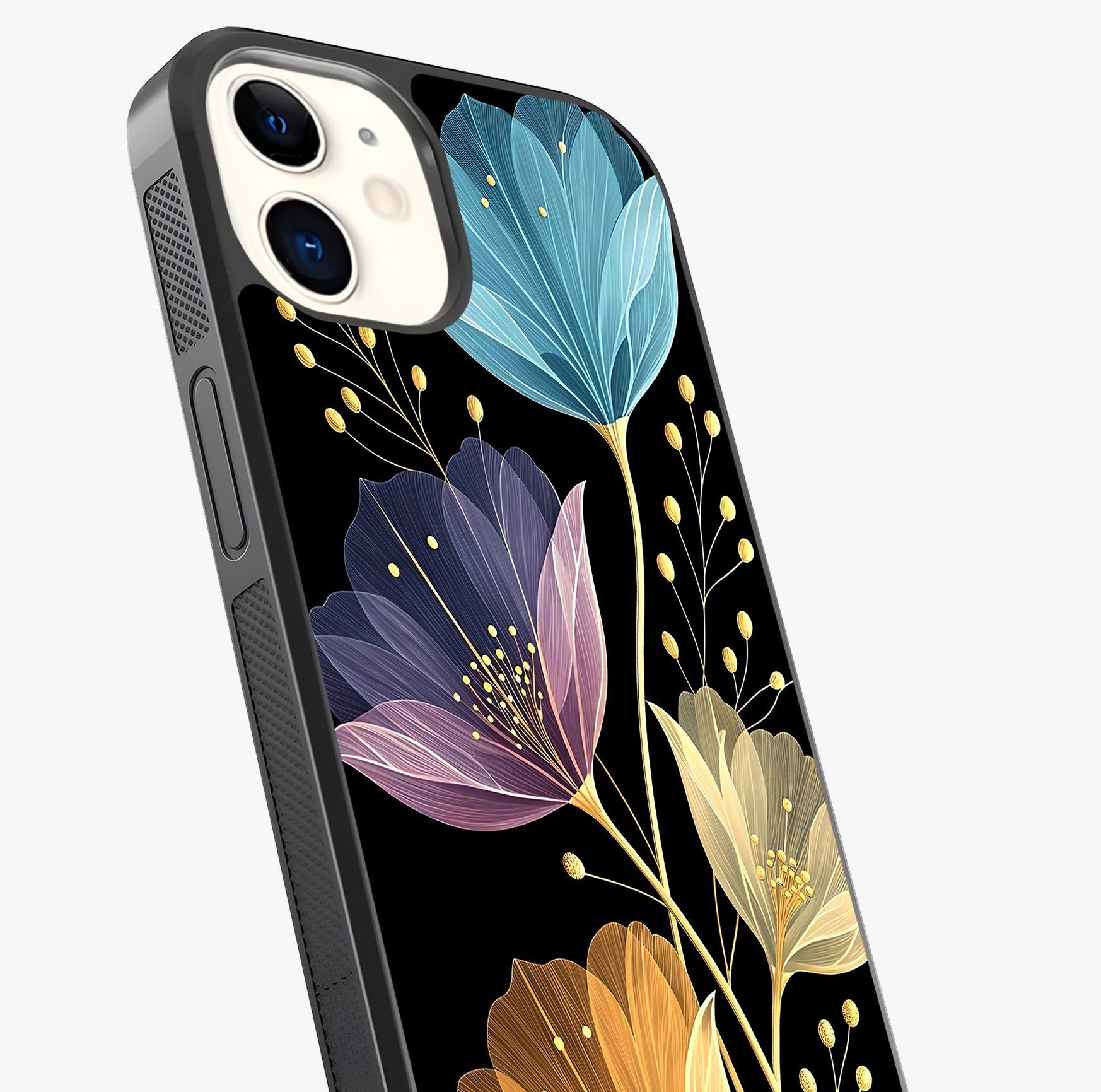 Delicate Multicolor Flowers Glass Case captured at a warm angle highlighting gloss, texture and premium glass finish.