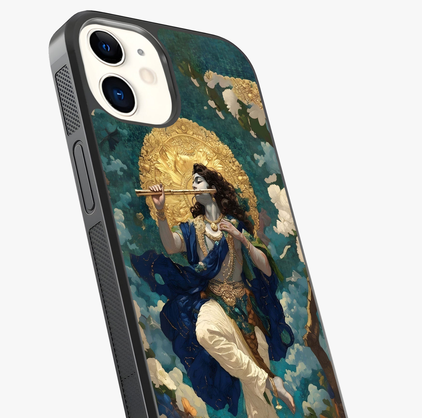 Divine Krishna Art Glass Case captured at a warm angle highlighting gloss, texture and premium glass finish.
