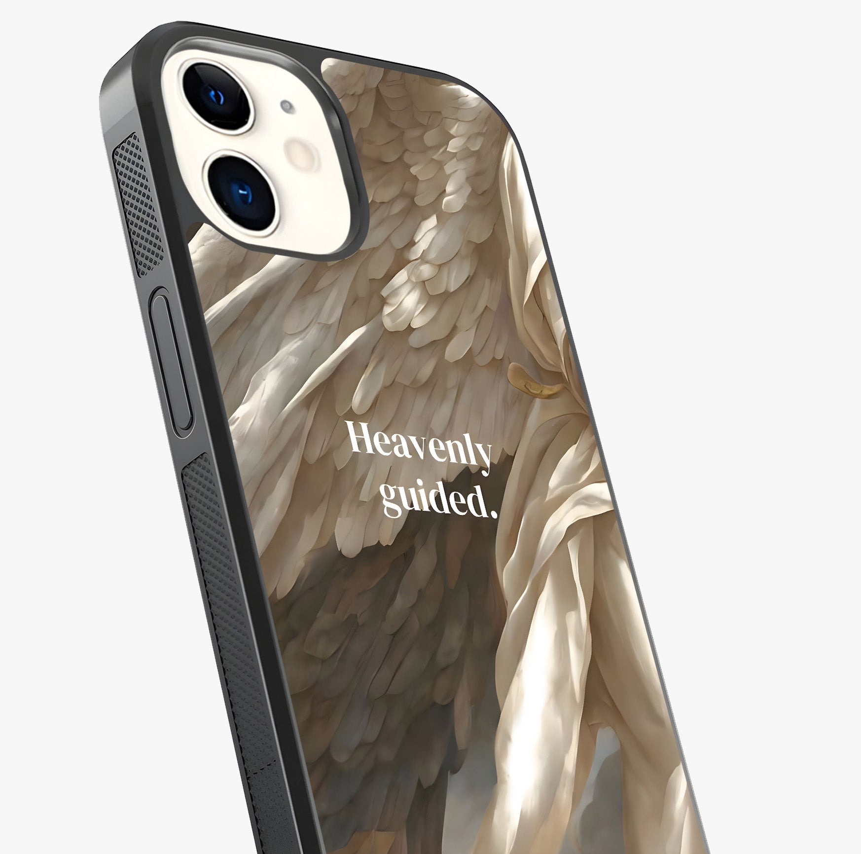 Divine Winged Grace Glass Case captured at a warm angle highlighting gloss, texture and premium glass finish.