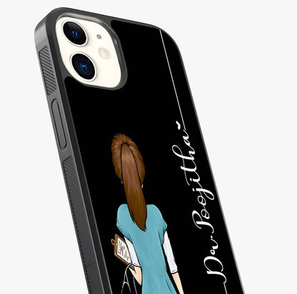 Doctor Pattern Custom Name Glass Case captured at a warm angle highlighting gloss, texture and premium glass finish.