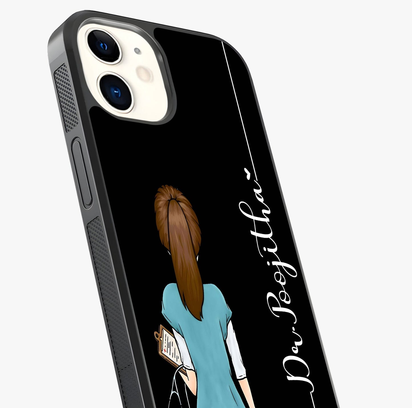 Doctor Pattern Custom Name Glass Case captured at a warm angle highlighting gloss, texture and premium glass finish.
