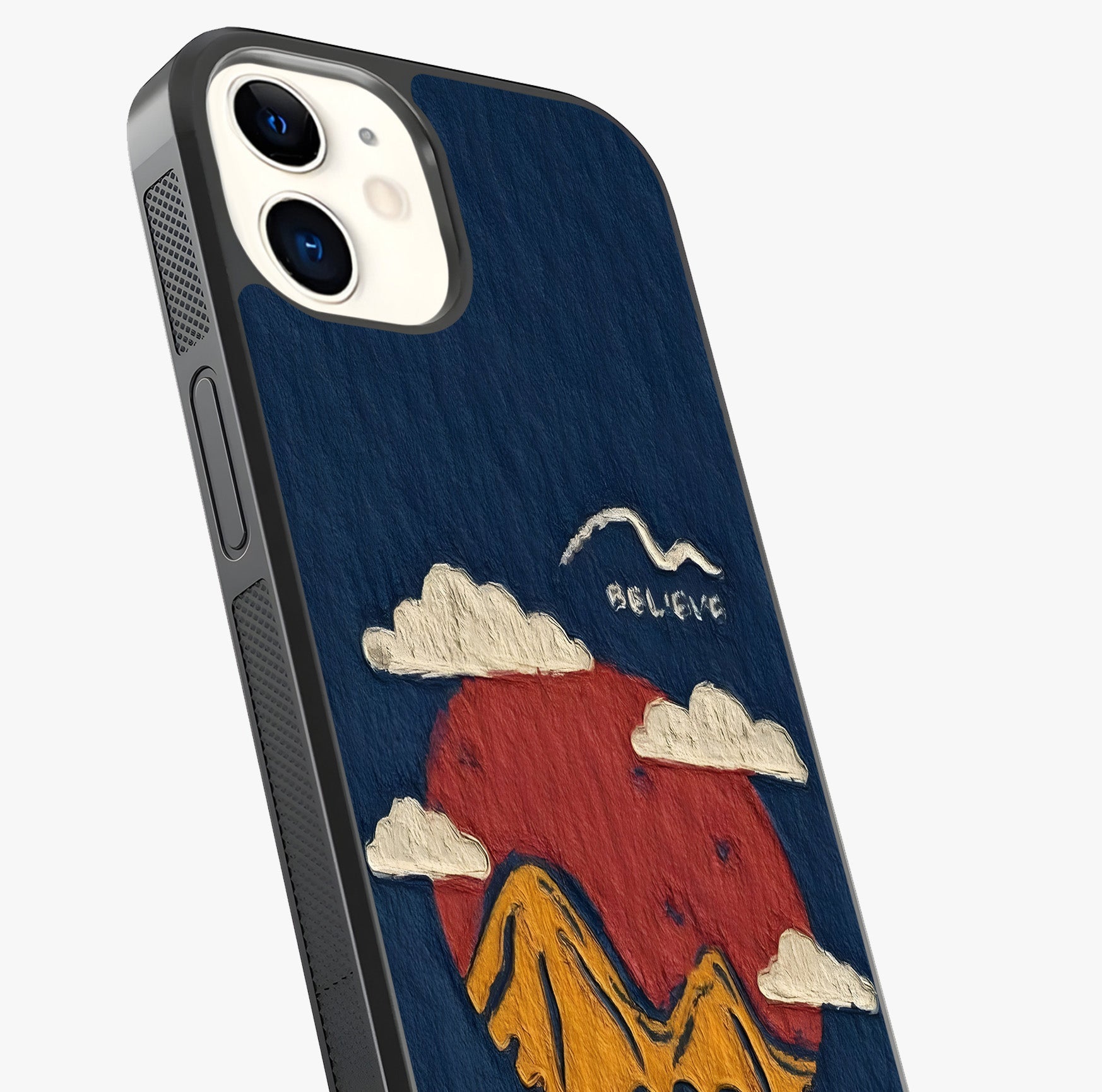 Dream Beyond Mountains Glass Case captured at a warm angle highlighting gloss, texture and premium glass finish.