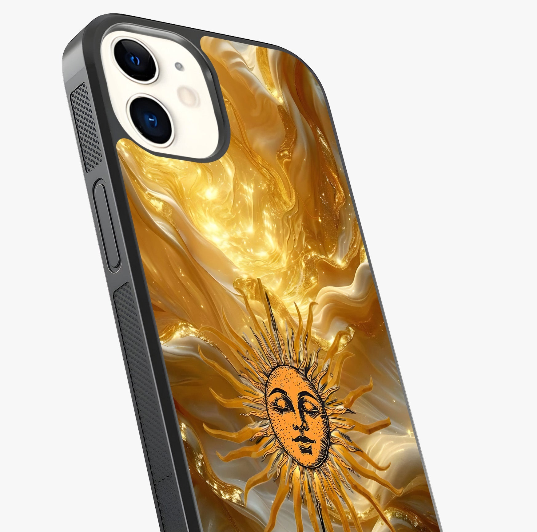 Eternal Golden Glow Glass Case captured at a warm angle highlighting gloss, texture and premium glass finish.
