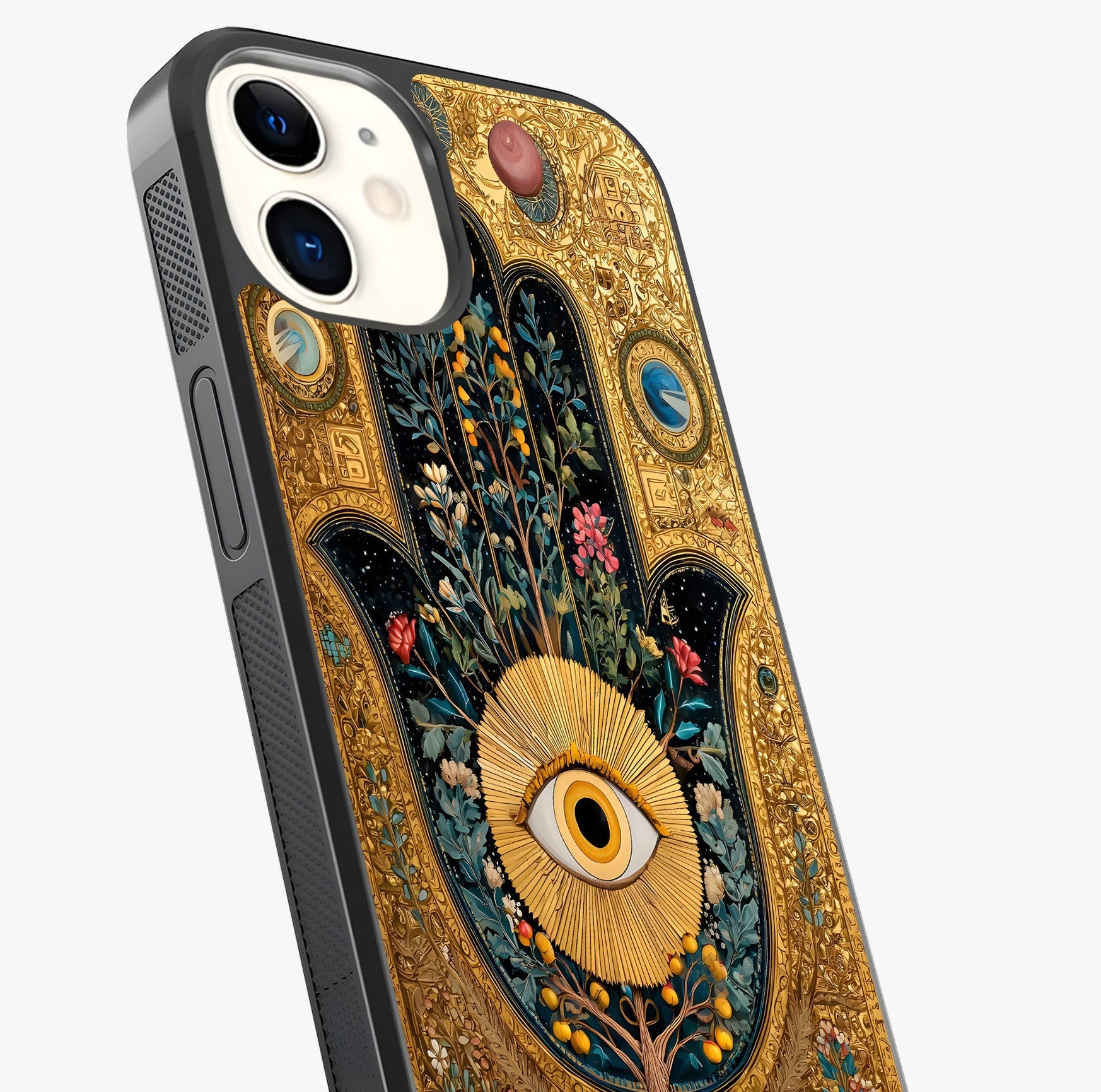 Ethereal Evil Eye Glass Case captured at a warm angle highlighting gloss, texture and premium glass finish.