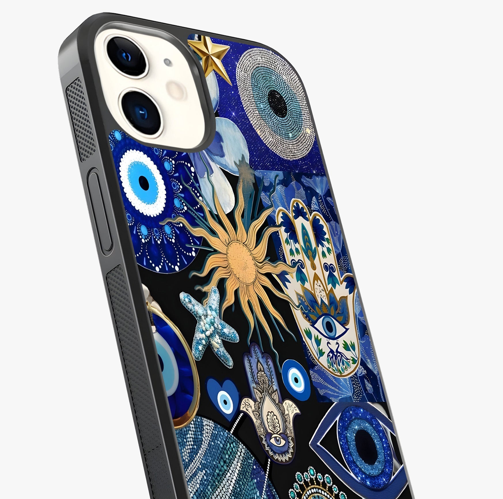 Evil Eye Charm Mix Glass Case captured at a warm angle highlighting gloss, texture and premium glass finish.